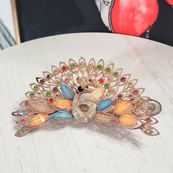 Peacock Multi Color Gemstone Alligator Hair Clip Barrette Accessory - Picture 1 of 8